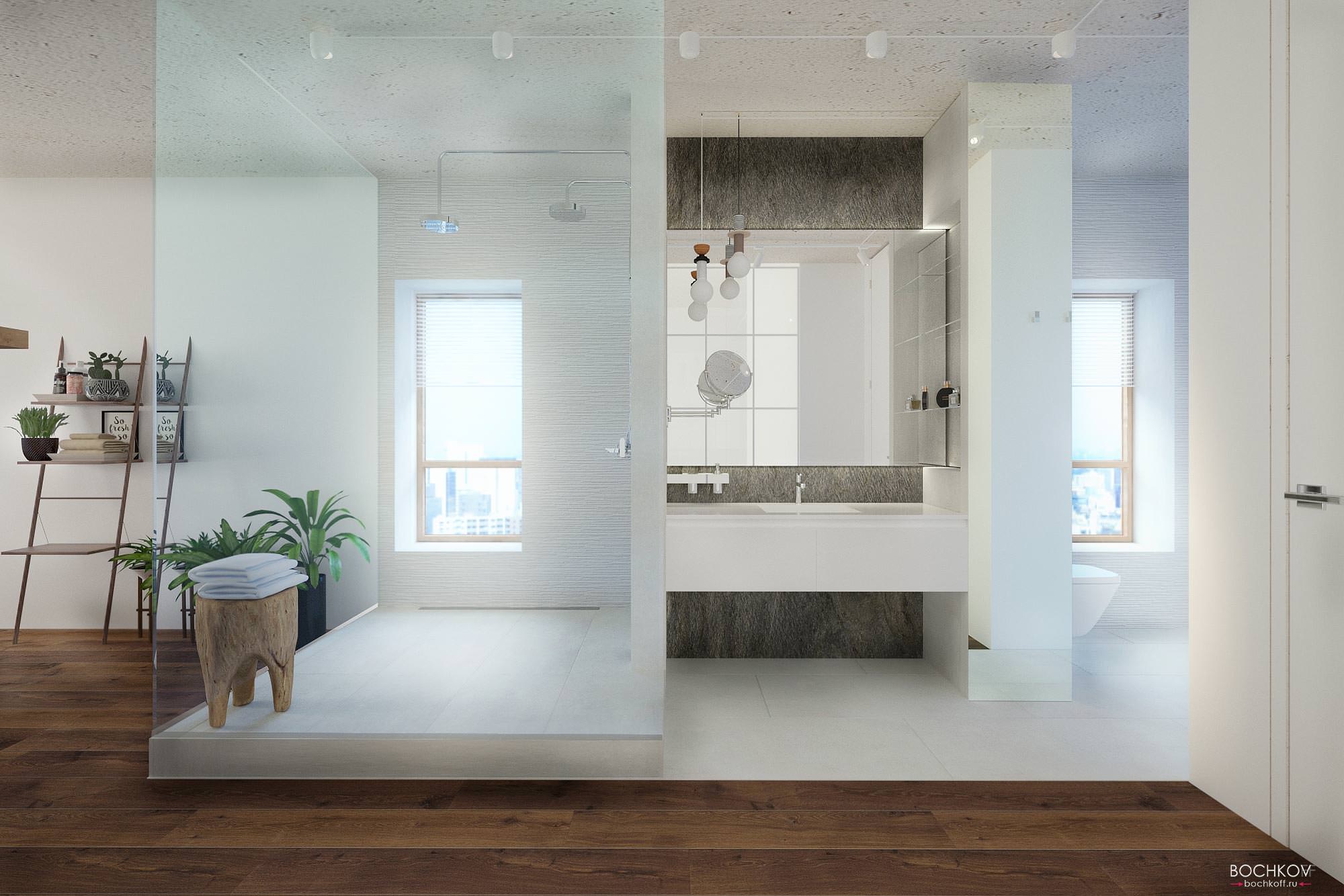 Фронтальный вид ванной комнаты в спальне, Дизайн интерьера в ЖК Макаровский 2020г.