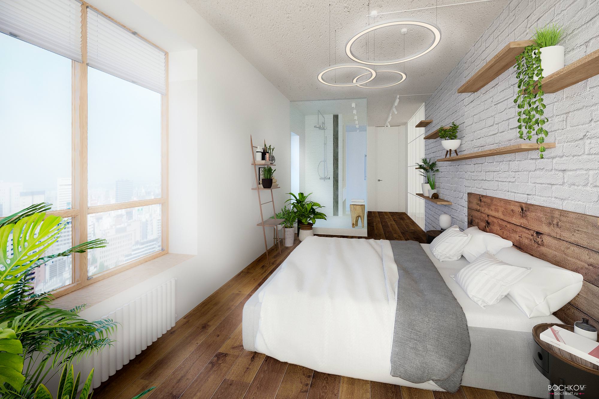 Спальная комната с видовым окном, Дизайн интерьера в ЖК Макаровский 2020г.