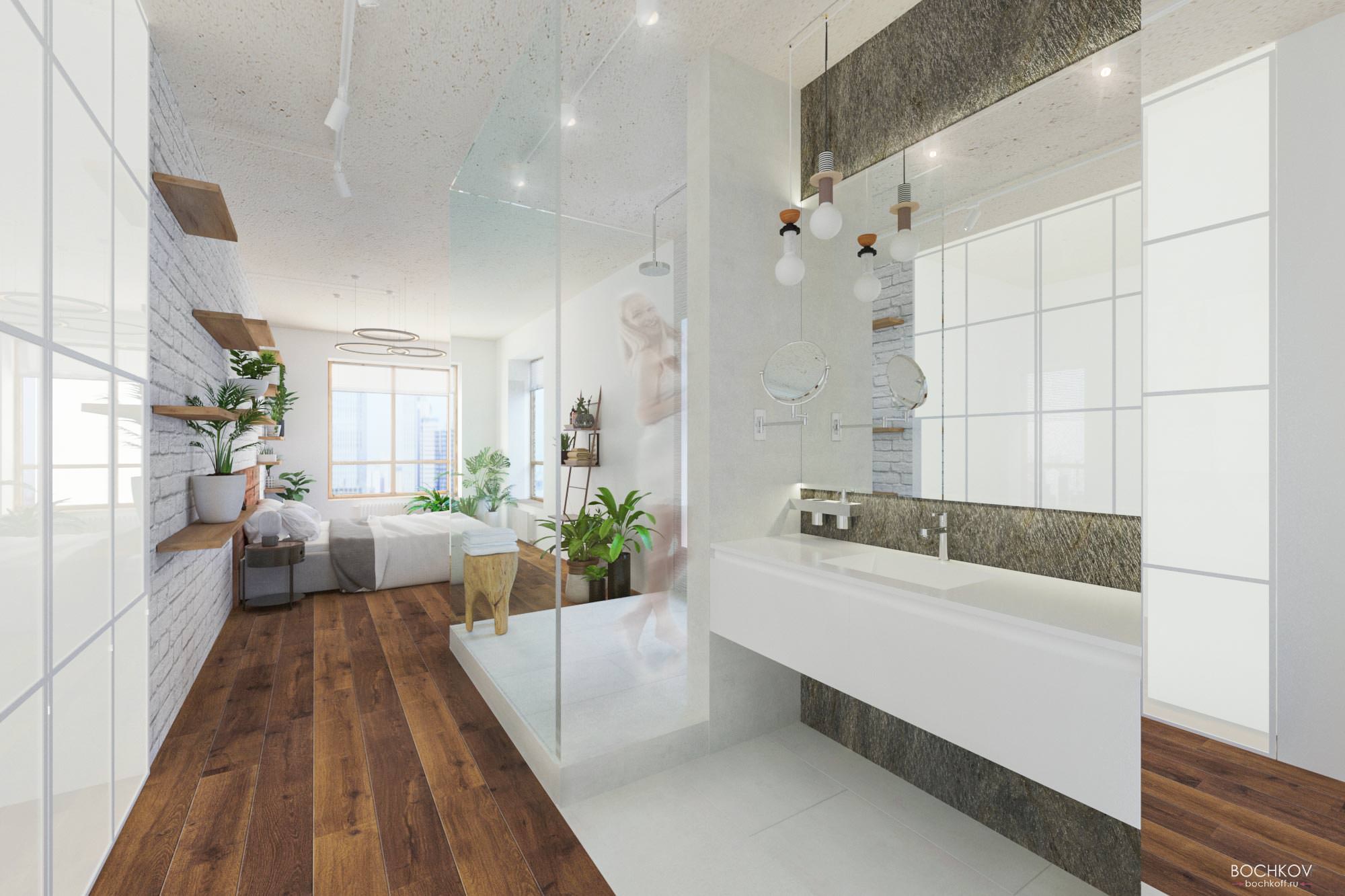 Спальная с ванной комнатой, Дизайн интерьера в ЖК Макаровский 2020г.