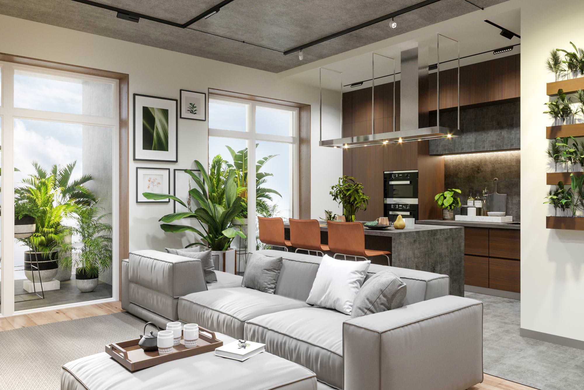 Студия, Общий вид гостиной и кухни с обзором на кухню, Дизайн интерьера в ЖК Макаровский 2020г.