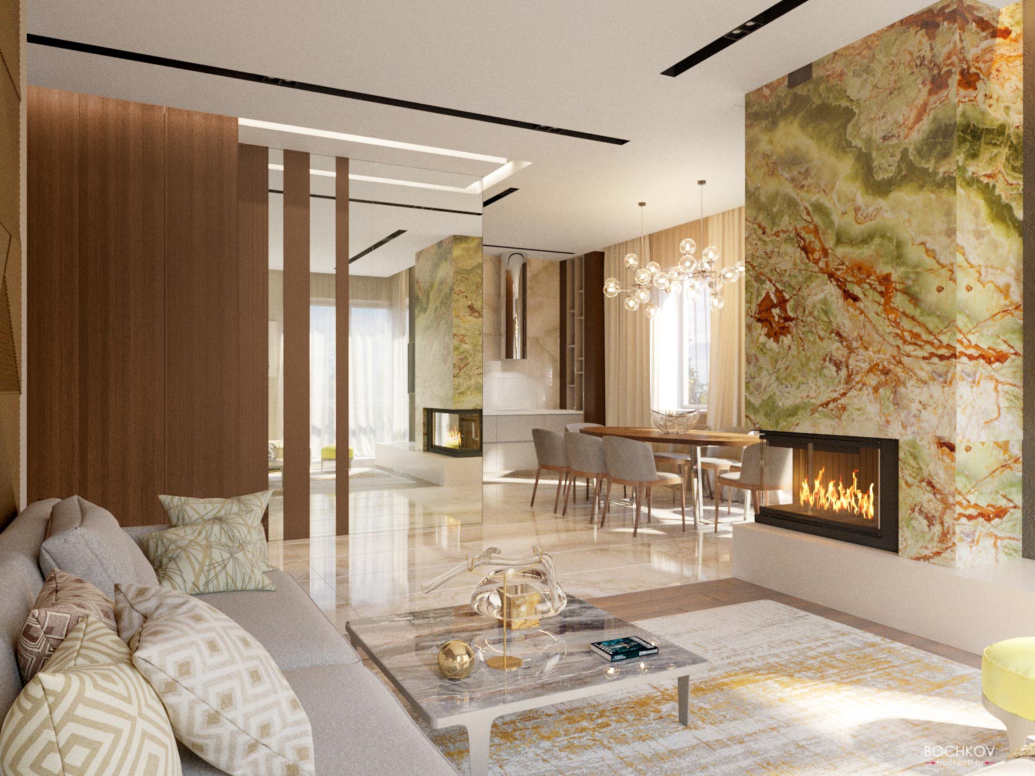 Дизайн Интерьер студии, гостинная комната с камином | Космаково 5