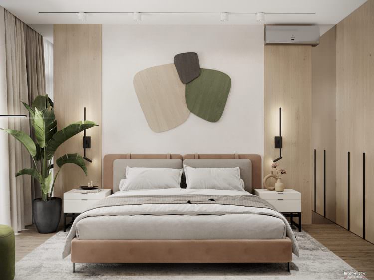 Спальная комната вид на кровать, дизайн проект квартиры Москва SLuda01